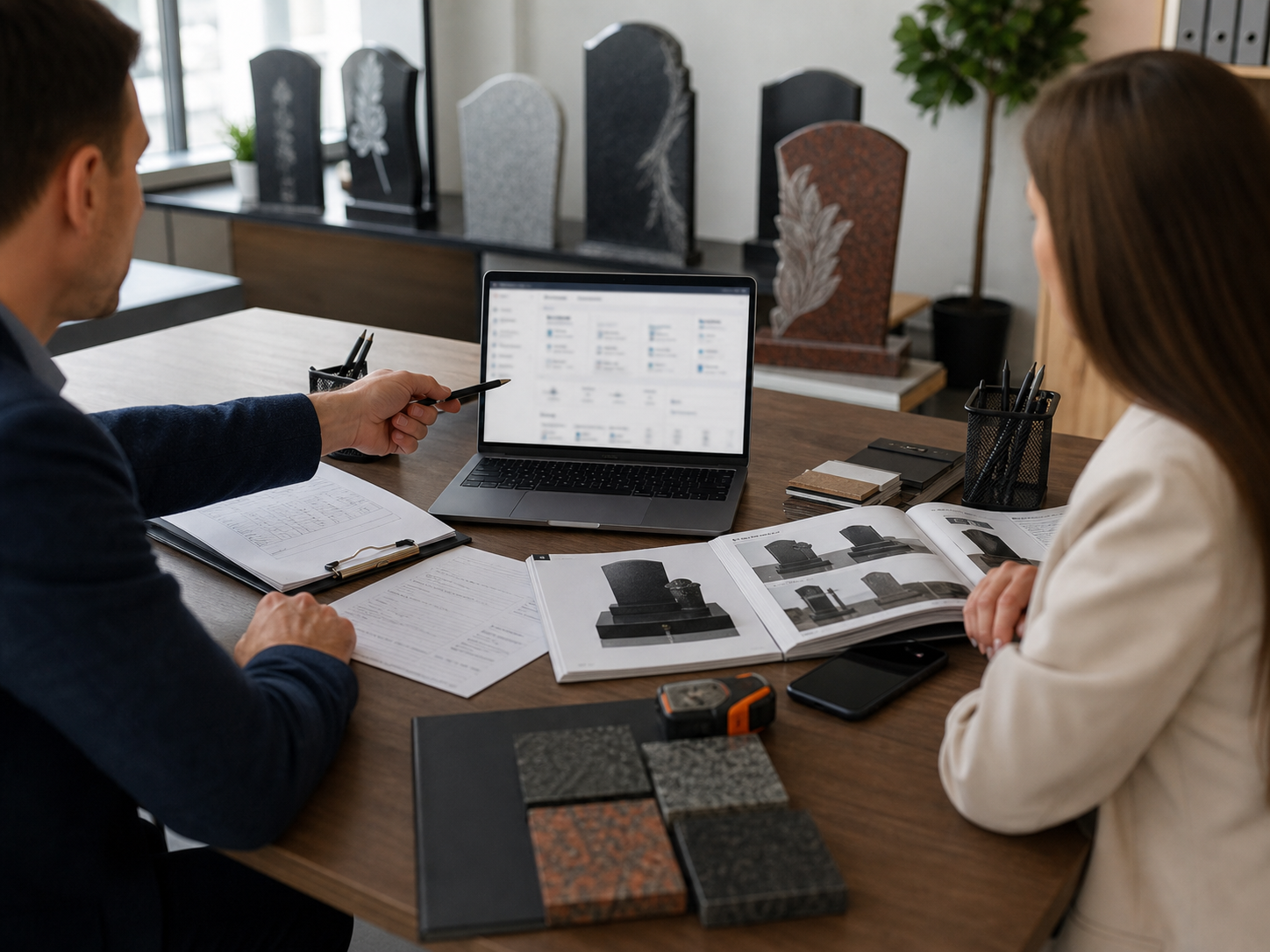 Офис продаж памятников в Беларуси с CRM, каталогом и образцами камня